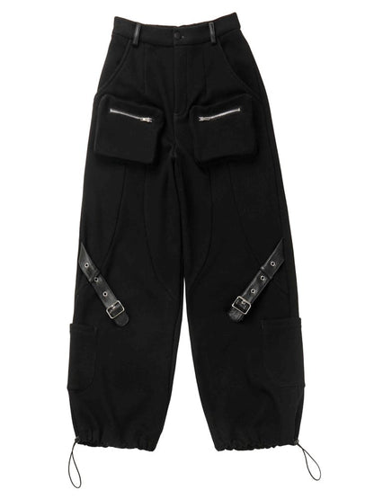 Gothic Black Buckles Cargo Pants with Drawstring Cuff