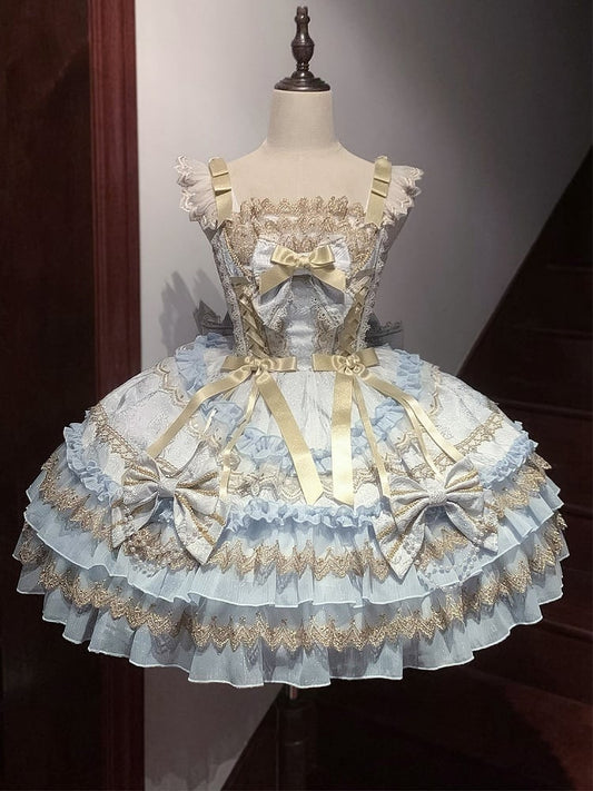 Decorated Lolita Bead Princess Tiered Chain Skirt Dress Bows Blue
