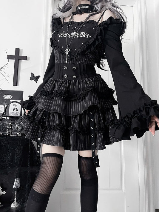 Pattern Off-the-shoulder Letter Neckline Print Bell Black Sleeves Striped Gothic Dress