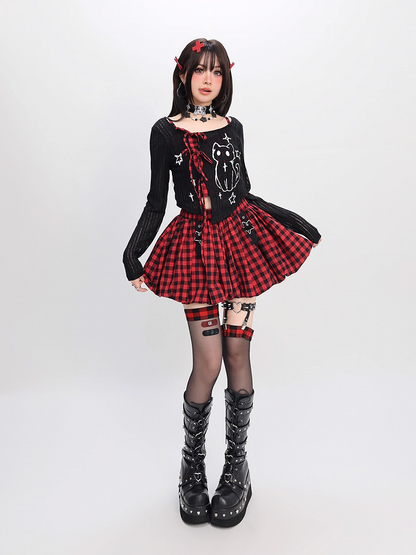 Y2K Coverup Set Plaid Cami Top with Kitten Print Black Red/Gray