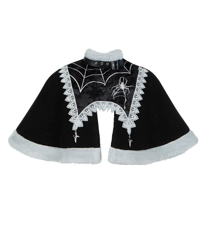 Cross Charms Spider Web Embroidery Plush Neckline Cape