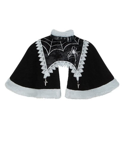 Cross Charms Spider Web Embroidery Plush Neckline Cape