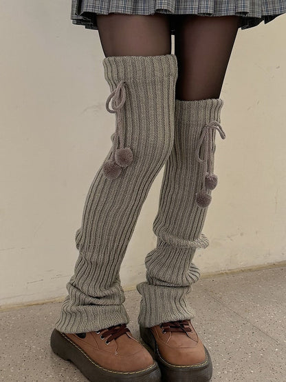 White/Beige/Light Grey/Black Knitted Leg Warmers With Pompons