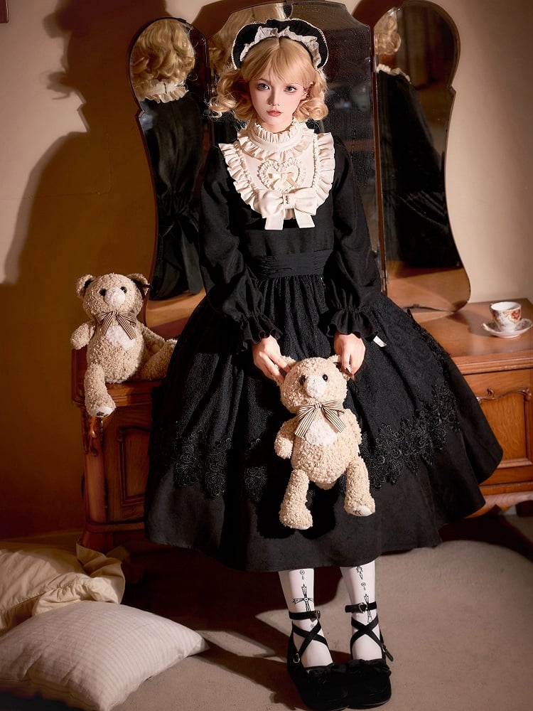 Robe Lolita beige à volants, taille haute, manches longues et ballon, version longue