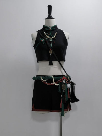 Black Cheongsam Collar Cropped Vest Top