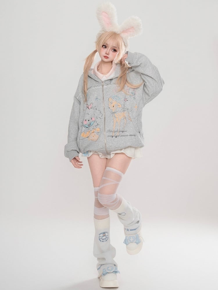 Grey/White Cartoon Animal Print Spring Zip Hoodie
