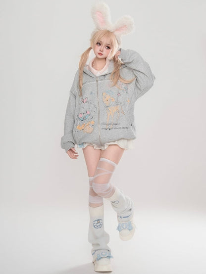 Grey/White Cartoon Animal Print Spring Zip Hoodie