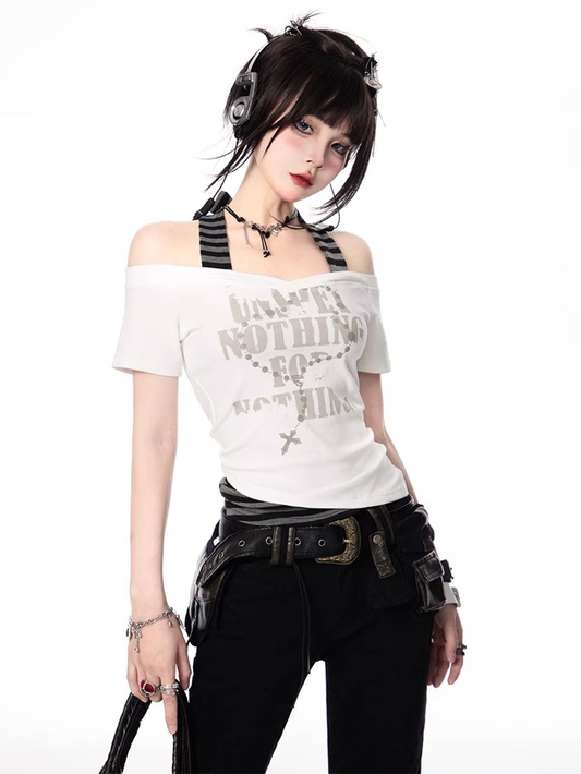 Striped Halter Neck T-shirt Gray White and Y2K Cross Necklace Print