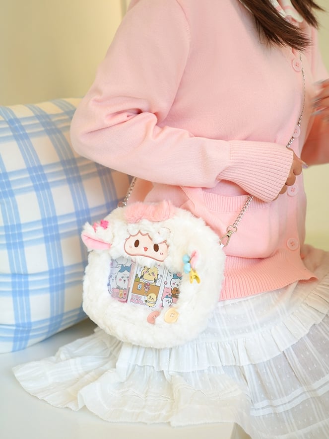 Bowknot Decorated Lamb Crossbody Bag White Plush Ita Cute