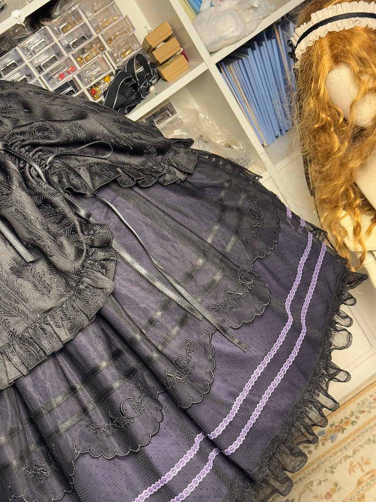 Black and Purple Square Neckline Jacquard Drawstring Skirt Classic Lolita Dress