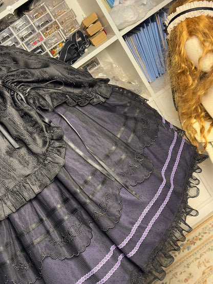 Black and Purple Square Neckline Jacquard Drawstring Skirt Classic Lolita Dress