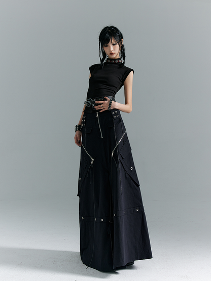 Black A-Line with Buckles Punk Pockets Metal Skirt Zippered