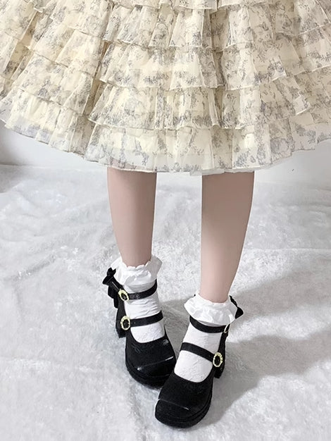 Janes Detachable Lily Valley Middle Heels Mary Bowknot of Embroidery the Black