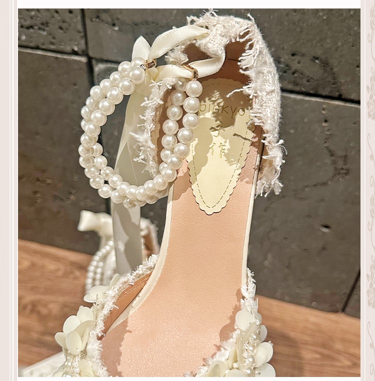 Beige Pointed Toe Floral High Heels with Beaded Chain