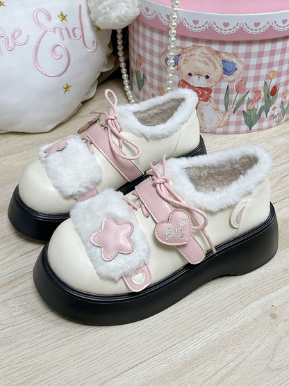 Accents Strap Design Winter Closures Beige Star Lolita Velcro Pink Fleece Lining Sweet Heart Cozy Platforms with
