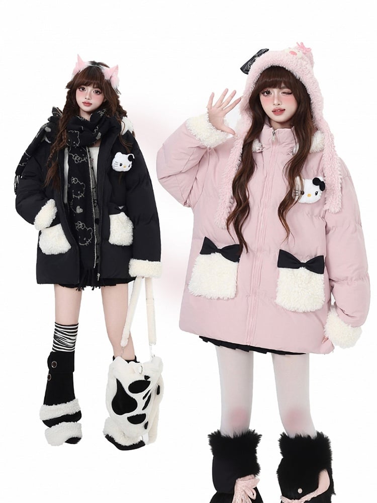 Black Pink Detachable Hood Plush Trim Thick Coat