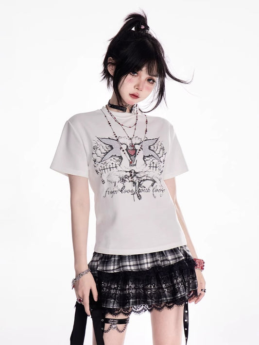White Crew Neck Y2K Print Vintage Slim-fitting T-shirt