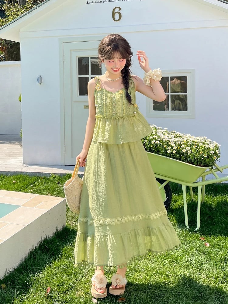 Mori Kei Green Knitted Floral Accents Cami Top