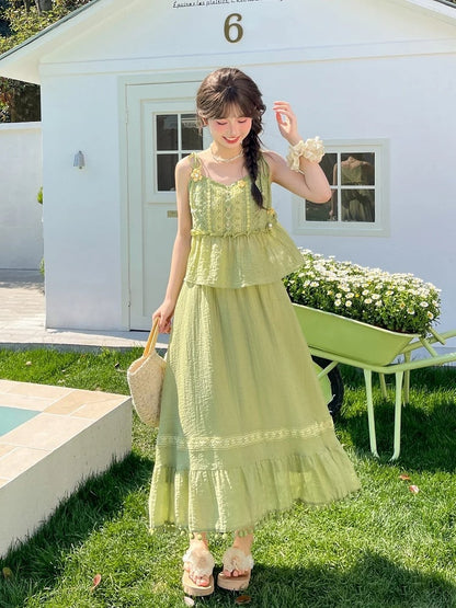 Mori Kei Green Knitted Floral Accents Cami Top