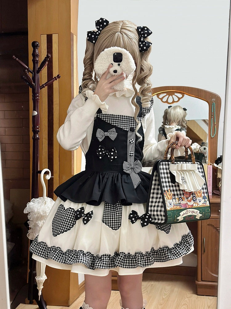 Black Gingham Sweet Bowknot Details Lolita Overall Dress