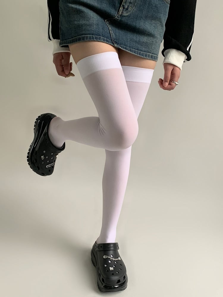 Stockings White/Black Over-knee Trim Version Ribbed Longer