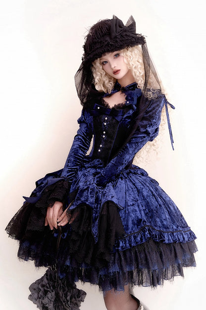 Dark Blue Detachable Long Bell Sleeves Snake Bones Embroidery Velvet Top
