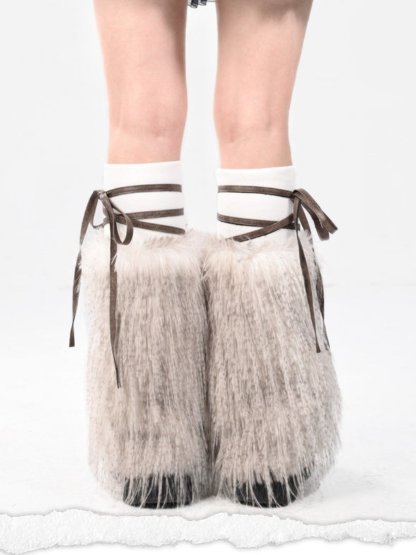 Coffee Gothic PU Cross Shaggy Leg Warmers