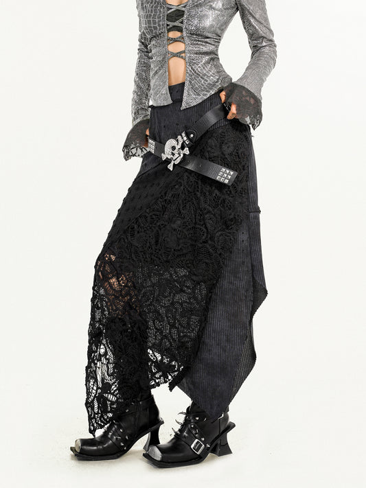 Lace Patchwork Black Asymmetrical Knit Skirt with Cutout