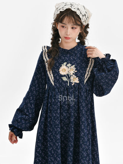 Dark Blue Floral Ruffle Neckline Mori Kei Floral Dress