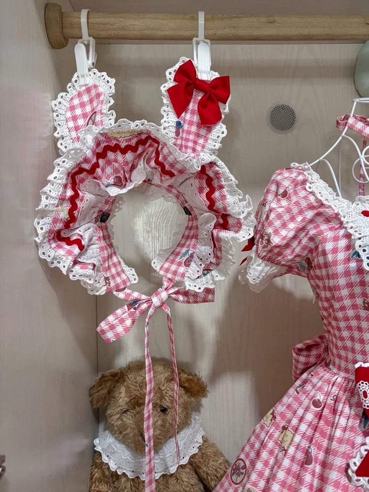 Pattern Bonnet Gingham Black Green Pink Red Ears / Bunny