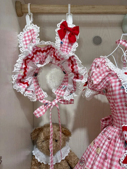 Pattern Bonnet Gingham Black Green Pink Red Ears / Bunny