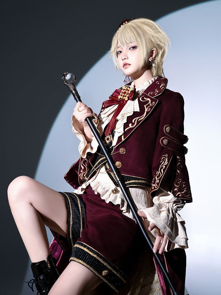 Tenue Lolita Gryffondor Ouji rouge : chemise à manches longues + manteau queue d'hirondelle rouge + short coupe droite