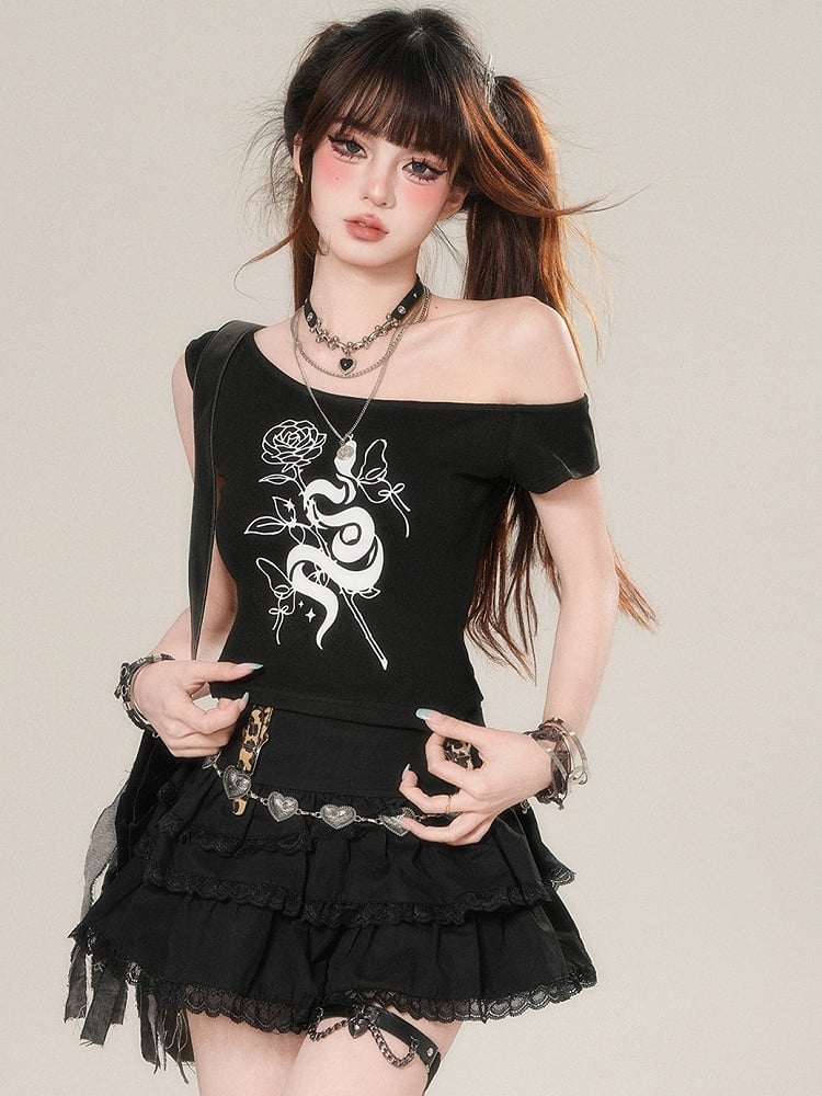 White/Black T-shirt Glamorous Asymmetrical Print Rosette Bittersweet Neckline