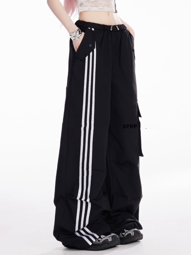 Drawstring Waist Striped Side Wide-Leg Cargo Pants Black/White