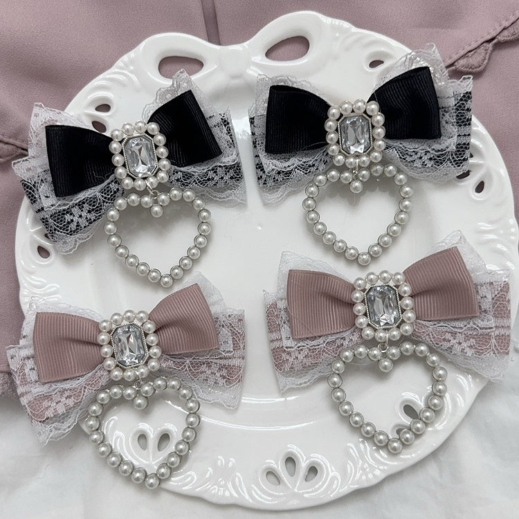 Jirai Kei Rhinestone and Beaded Heart Accents Bowknot Hairclips