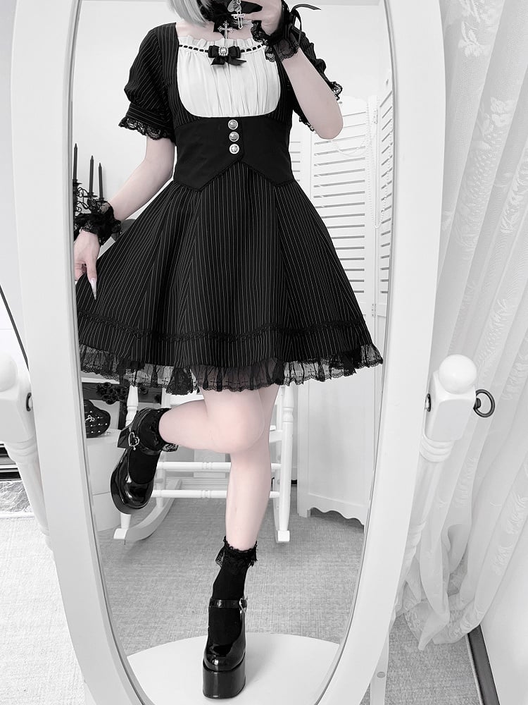 Kleid Schwarz Voll Gestreiften Taille Jirai Kei Set Korsett Gürtel Design bei mit