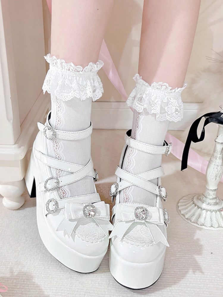 Polished White Jirai Kei Bow Rhinestone Platform High Block Heels