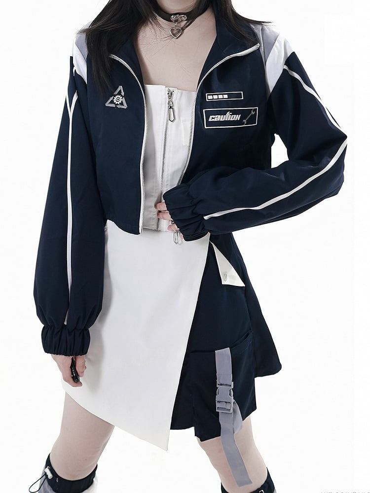 Warning | Jacket Blue Dark Zip-Up Bars Techwear Embroidered Progress Signs
