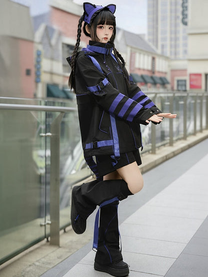 Black and Purple Futuristic Techwear Landmine Style Straight-leg Shorts + Flared Leg Warmers