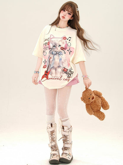 Apricot/Pink Sweet Cat Loose T-shirt