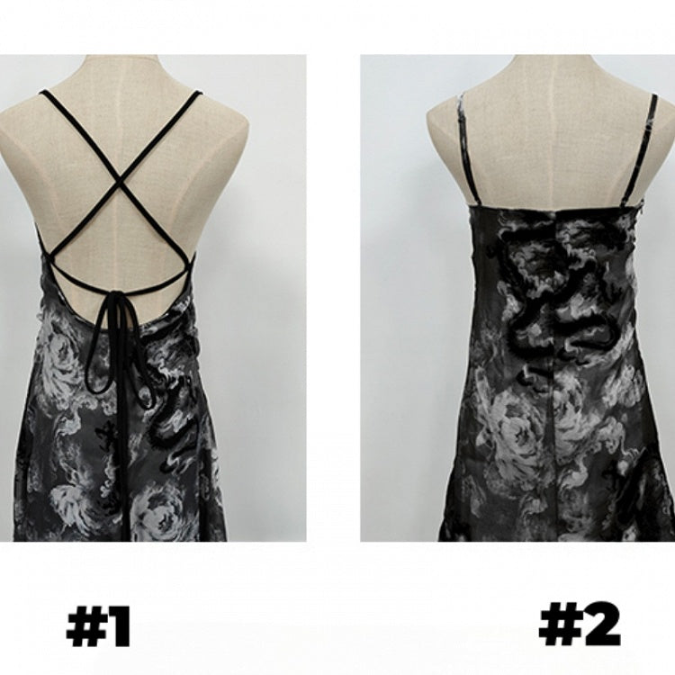 Robe nuisette dos nu/dos couvert à imprimé dragon noir et gris