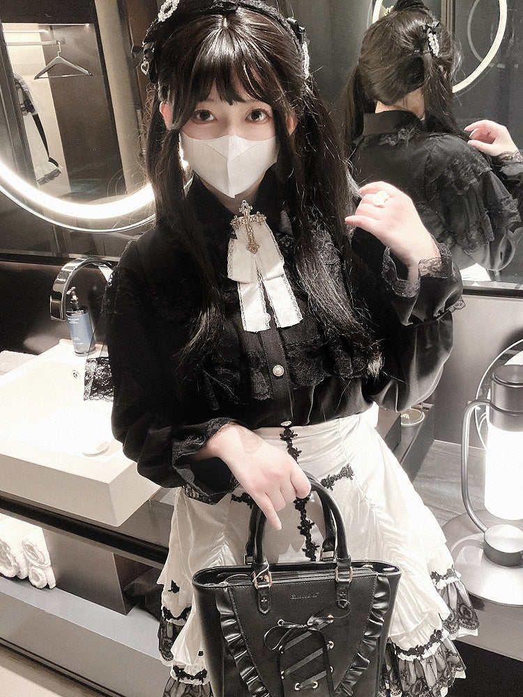 Jirai Kei White&Black/All Black Lace Cape Design Landmine Style Blouse