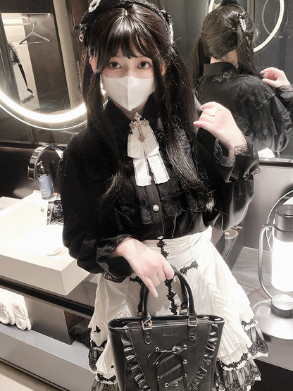 Jirai Kei White&Black/All Black Lace Cape Design Landmine Style Blouse
