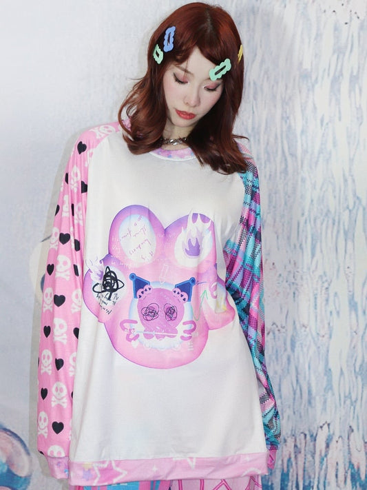 Top Sleeves Heart Pattern Y2K Cat Print Long And Skeleton Plaid White Claw