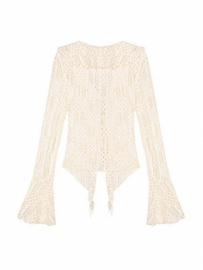 Beige Wasteland Cardigan with Bell Sleeves Punk Lace V-Neck Ruffled