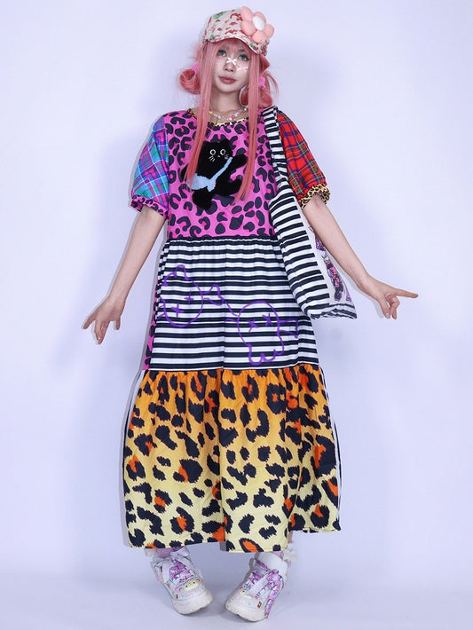 Sleeves Print Pink Puff Leopard Gyaru Fashion Dress