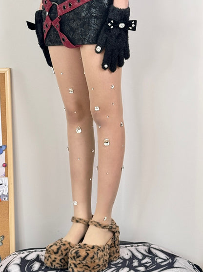 Nude/Weiße Y2K Strumpfhose mit Strassverzierung