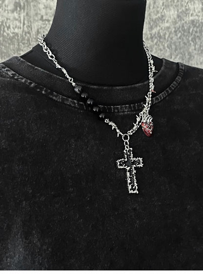 Silver Crossand Heart Pendant Thorn Necklace