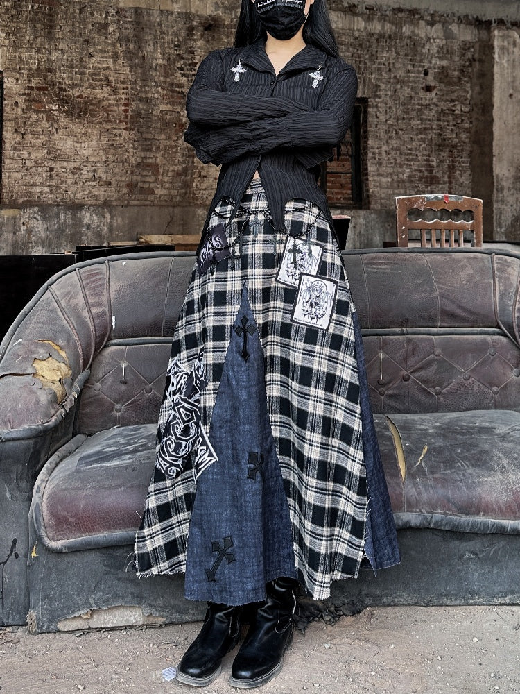 Wasteland Cross Appliques Plaid Patchwork Design Skirt Punk