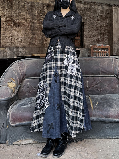 Wasteland Cross Appliques Plaid Patchwork Design Skirt Punk